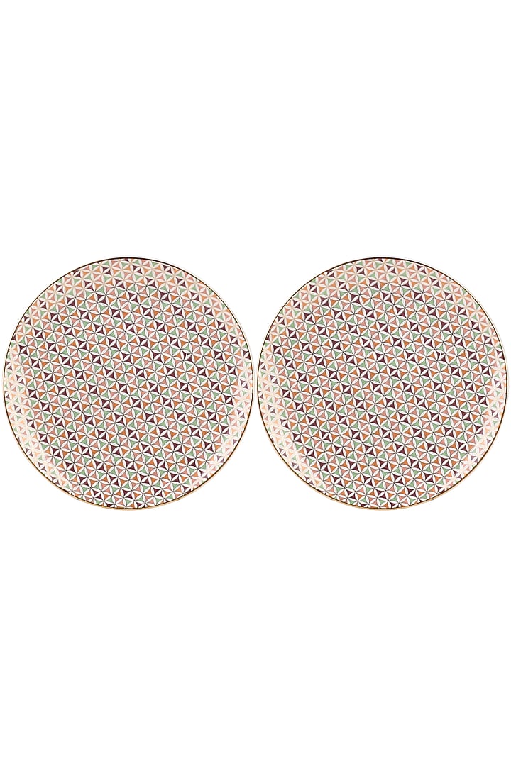 Green & Multi-Colored Fine Bone China Almaaz Printed Plate Set (Set of 2) by IZZHAAR at Pernia's Pop Up Shop