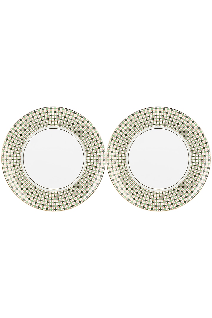 Green & Multi-Colored Fine Bone China Almaaz Printed Dinner Plate (Set of 2) by IZZHAAR at Pernia's Pop Up Shop