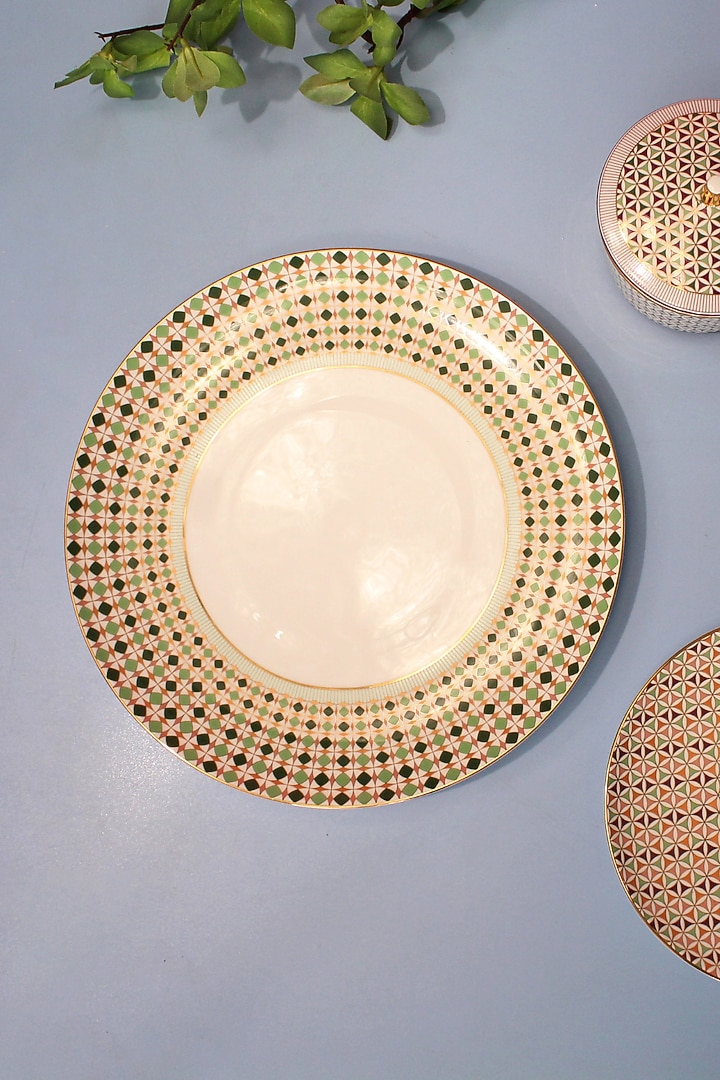 Green & Multi-Colored Fine Bone China Almaaz Printed Dinner Plate (Set of 2) by IZZHAAR at Pernia's Pop Up Shop
