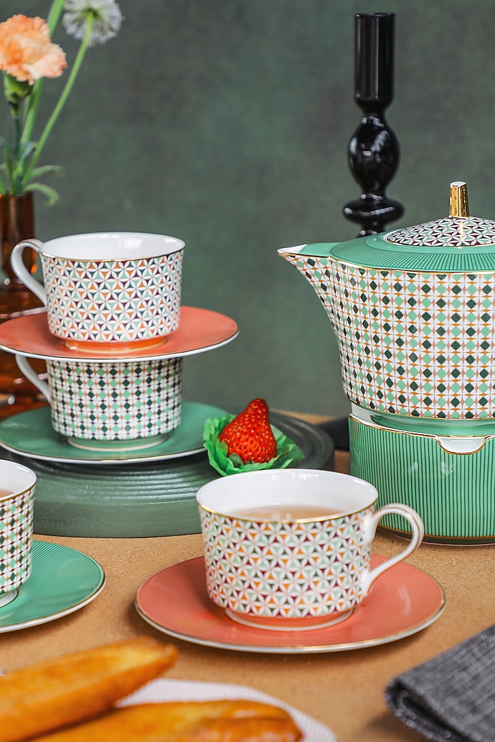 Green & Multi-Colored Fine Bone China Almaaz Printed Tea Set by IZZHAAR at Pernia's Pop Up Shop