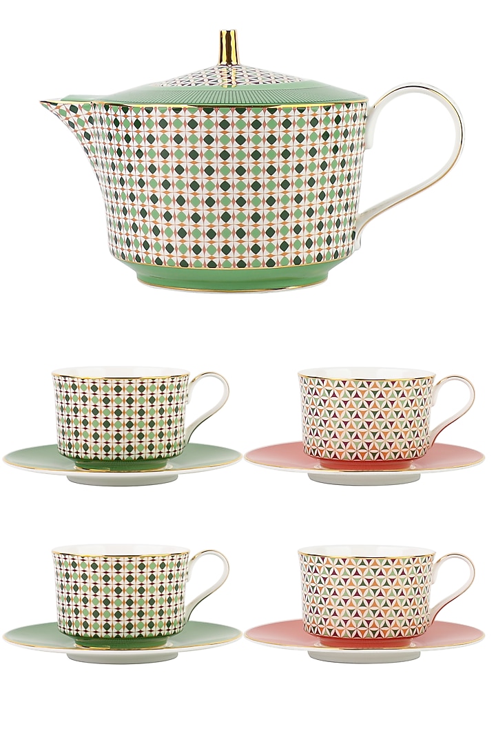 Green & Multi-Colored Fine Bone China Almaaz Printed Tea Set by IZZHAAR at Pernia's Pop Up Shop