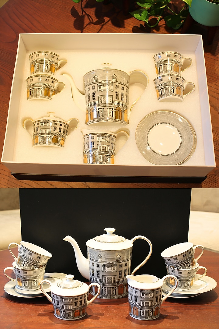 Multi-Colored Fine Bone China Tea (Set Of 11) by IZZHAAR at Pernia's Pop Up Shop