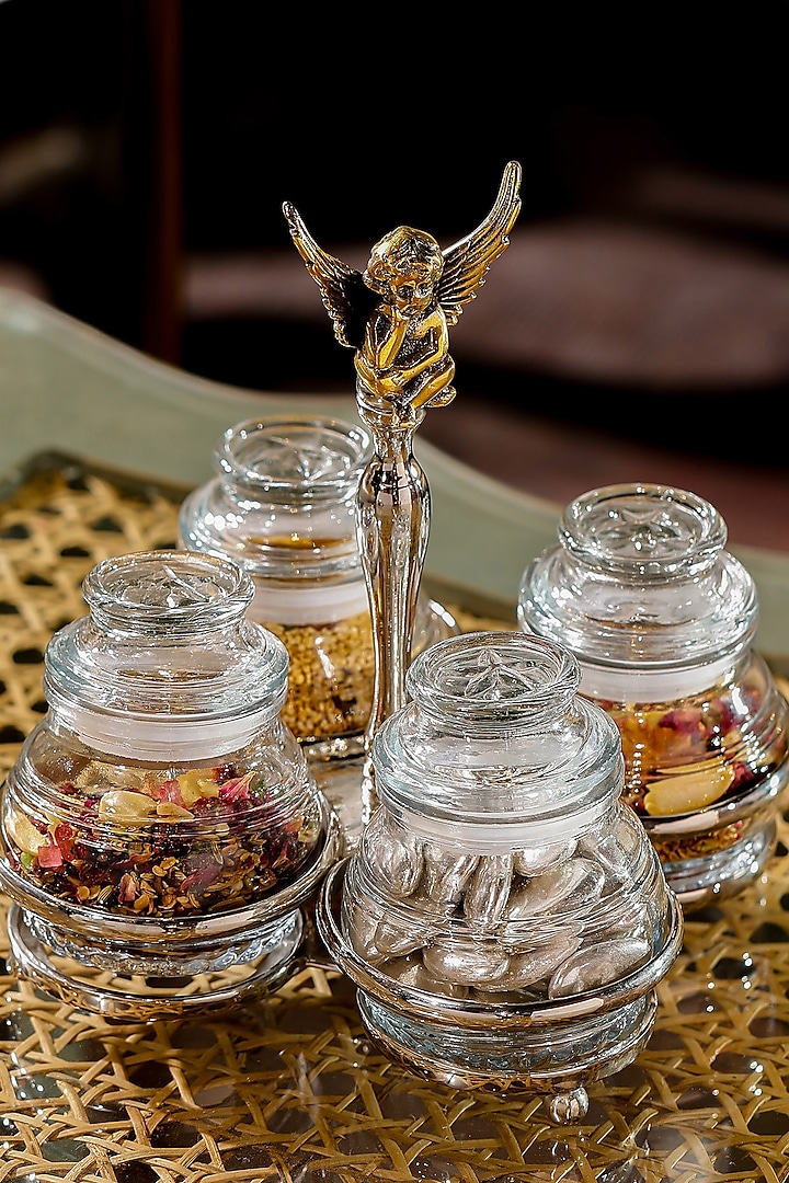 Angel Glass Silver Brass & Glass Bowl Serving Quad-Stand  by IZZHAAR