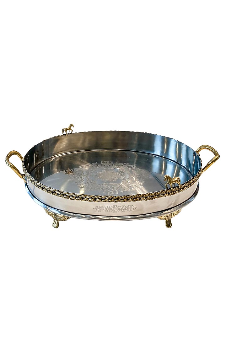 Mustang Oval Silver Brass & Stainless Steel Serving Tray by IZZHAAR at Pernia's Pop Up Shop