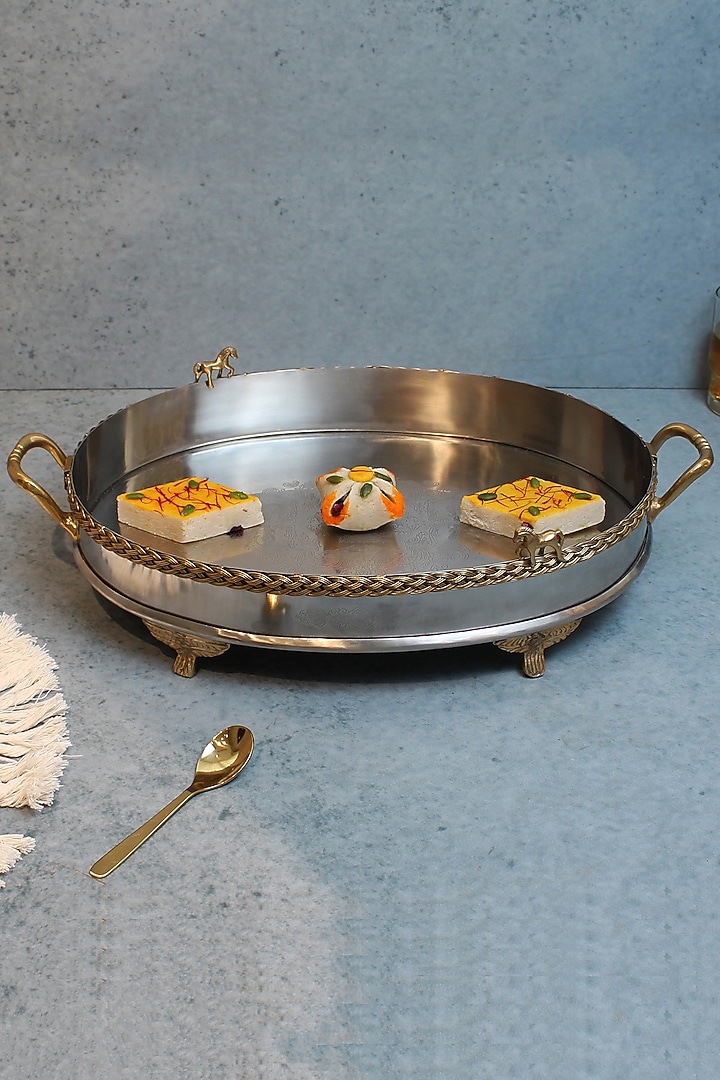 Mustang Oval Silver Brass & Stainless Steel Serving Tray by IZZHAAR at Pernia's Pop Up Shop