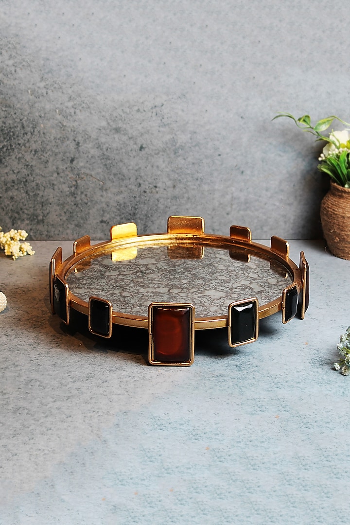 Jewelled Crown Golden Metal & Glass Mirror Platter by IZZHAAR