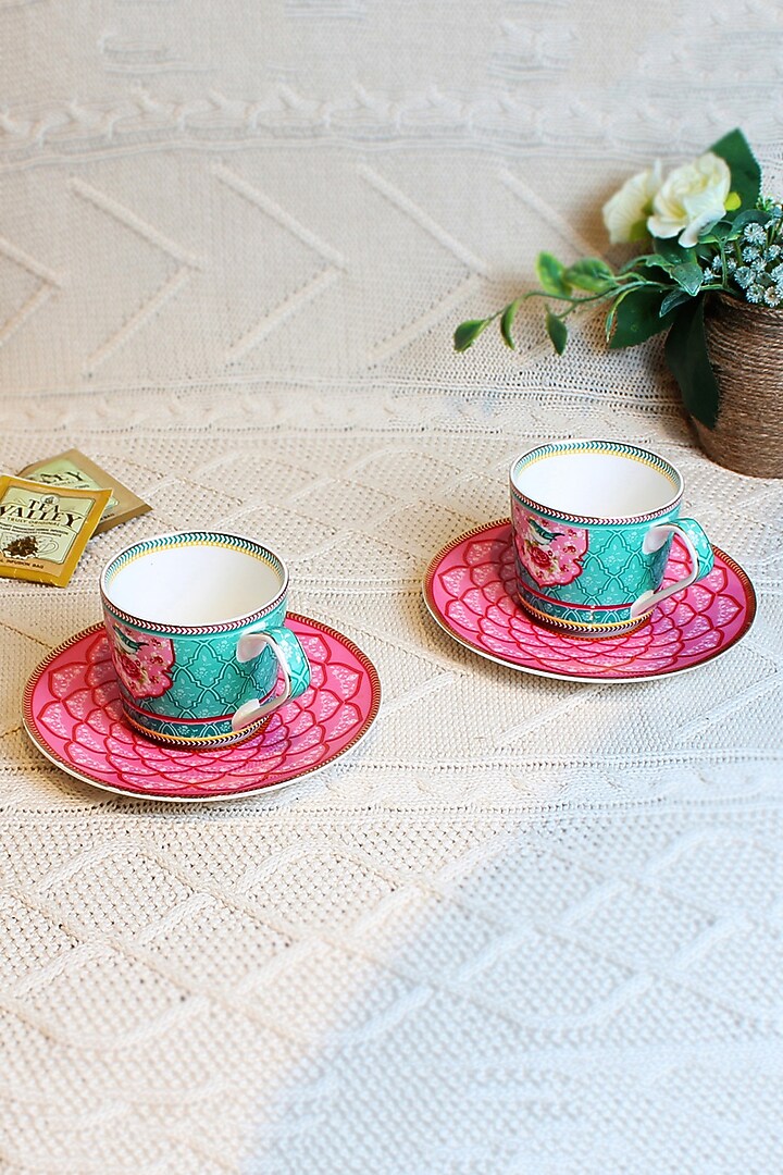 Pink & Blue Ceramic Cups & Saucer Set ( Set of 2 cups and 2 saucers) by IZZHAAR at Pernia's Pop Up Shop