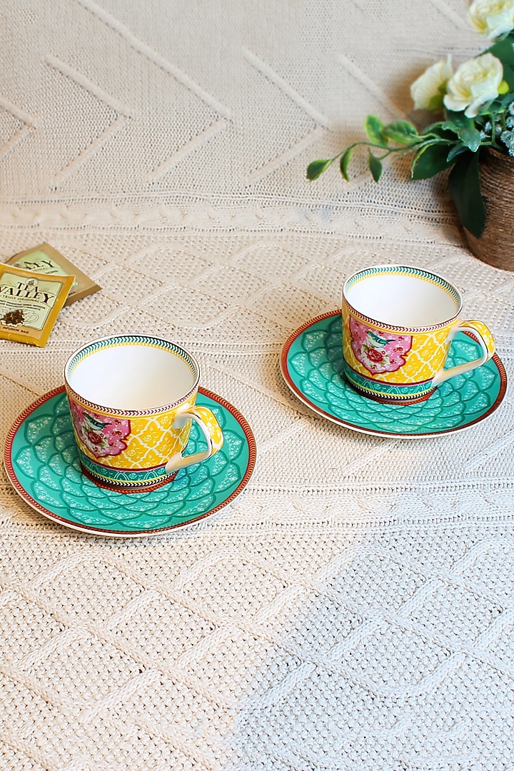 Green & Yellow Ceramic Cups & Saucer Set ( Set of 2 cups and 2 saucers) by IZZHAAR at Pernia's Pop Up Shop