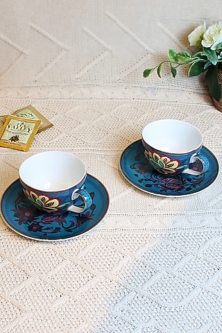 Haze Blue Ceramic Cups & Saucer Set ( Set of 2 cups and 2 saucers) by IZZHAAR