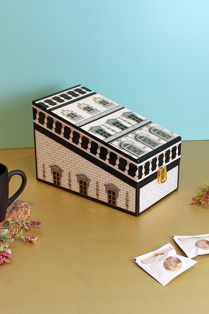 Black & White MDF Wood Roman Printed Tea Box by IZZHAAR
