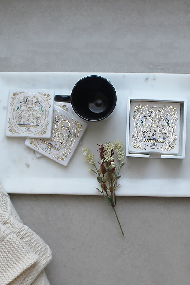 White & Gold MDF Wood Peshkari Printed Coasters Set (Set of 4) by IZZHAAR at Pernia's Pop Up Shop