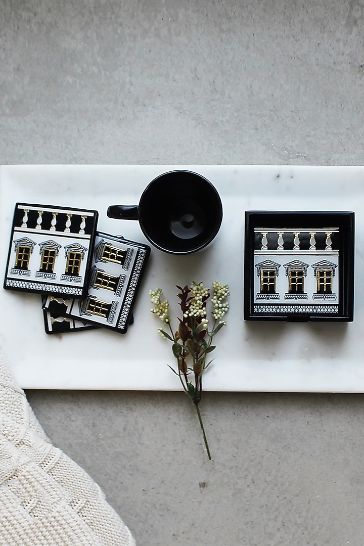 Black & White MDF Wood Roman Printed Coasters Set (Set of 4) by IZZHAAR at Pernia's Pop Up Shop