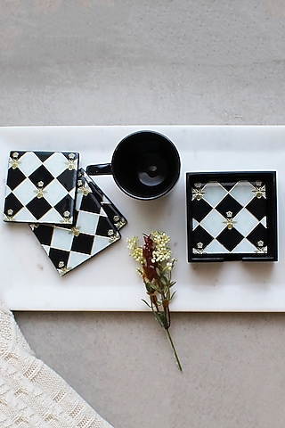 Multi-Colored MDF Wood Gingham Bee Printed Coasters Set (Set of 4) by IZZHAAR