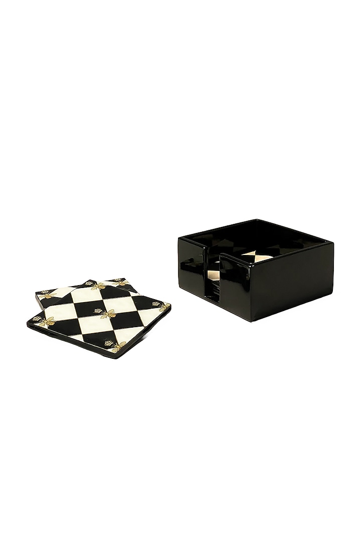 Multi-Colored MDF Wood Gingham Bee Printed Coasters Set (Set of 4) by IZZHAAR at Pernia's Pop Up Shop