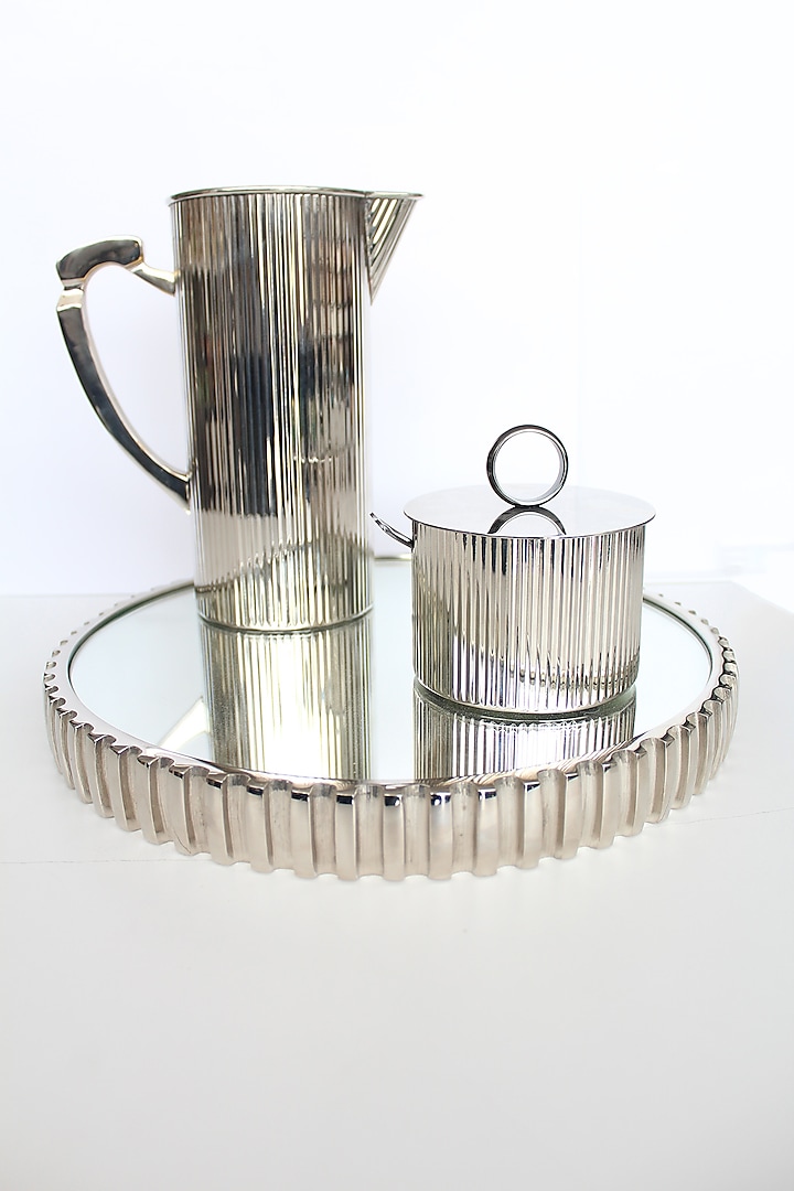 Ribbed Silver Aluminium & Glass Mirror Tray Platter  by IZZHAAR