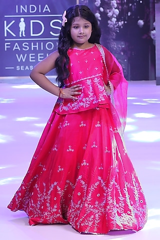 Pink Silk & Tissue Floral Motifs Hand Embroidered Lehenga Set For Girls by To My Niece