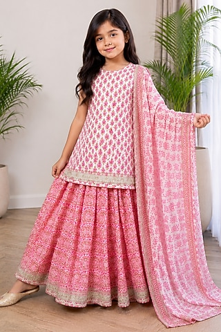Pink Cotton Block Printed Skirt Set For Girls by House Of Jamoti Kids