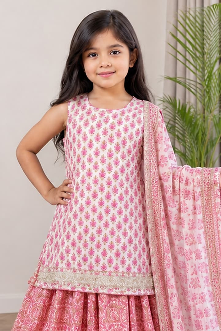Pink Cotton Block Printed Skirt Set For Girls by House Of Jamoti Kids at Pernia's Pop Up Shop