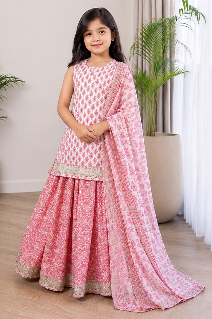 Pink Cotton Block Printed Skirt Set For Girls by House Of Jamoti Kids at Pernia's Pop Up Shop