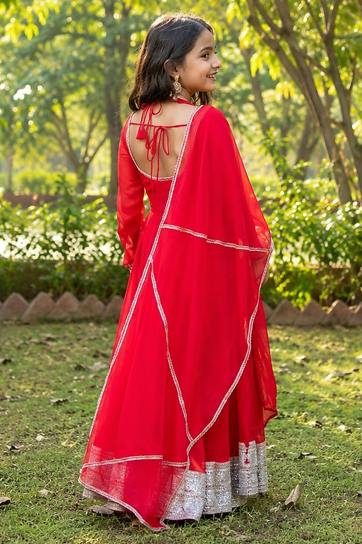 Red Georgette Lace Embroidered Anarkali Set For Girls by House Of Jamoti Kids at Pernia's Pop Up Shop