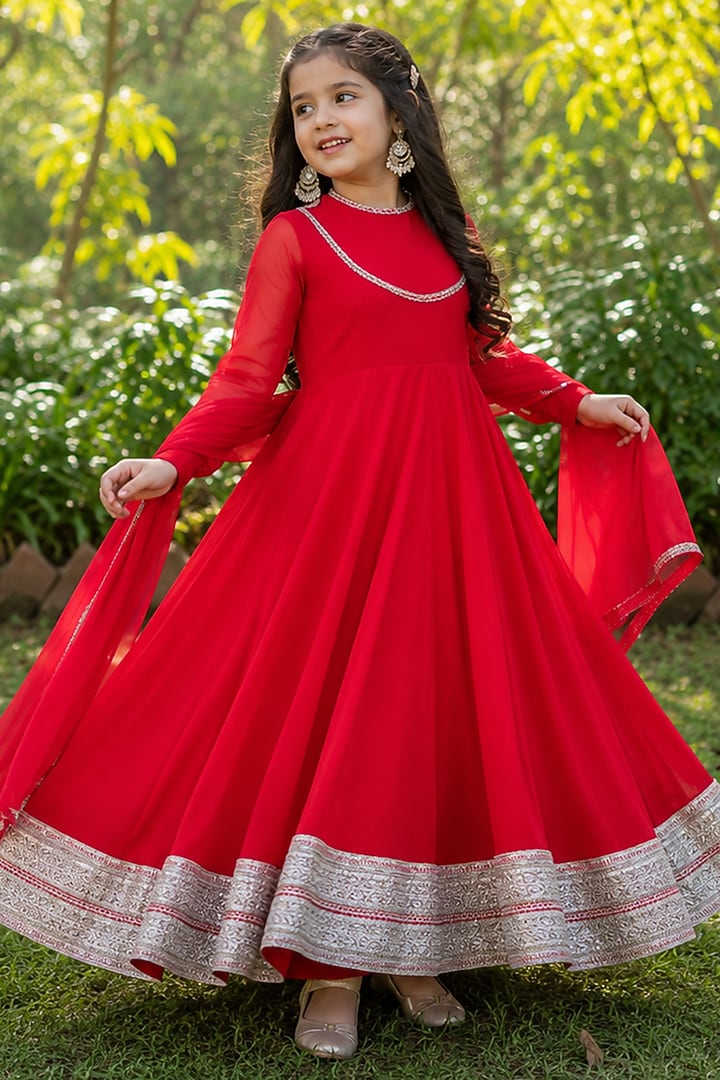 Red Georgette Lace Embroidered Anarkali Set For Girls by House Of Jamoti Kids at Pernia's Pop Up Shop