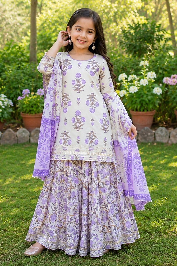 Purple Cotton Floral Printed Skirt Set For Girls by House Of Jamoti Kids at Pernia's Pop Up Shop