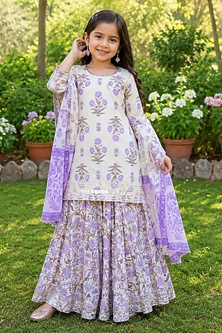Purple Cotton Floral Printed Skirt Set For Girls by House Of Jamoti Kids