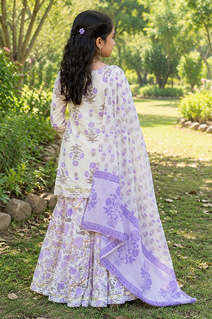 Purple Cotton Floral Printed Skirt Set For Girls by House Of Jamoti Kids at Pernia's Pop Up Shop