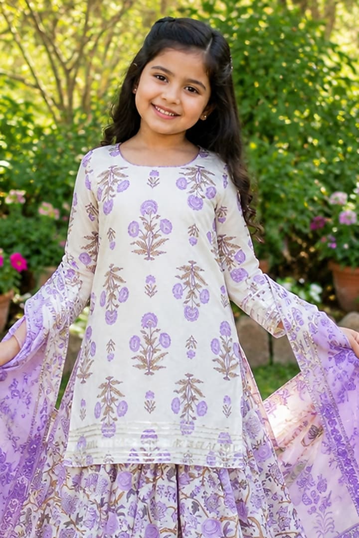 Purple Cotton Floral Printed Skirt Set For Girls by House Of Jamoti Kids at Pernia's Pop Up Shop