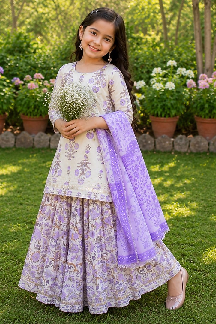Purple Cotton Floral Printed Skirt Set For Girls by House Of Jamoti Kids at Pernia's Pop Up Shop