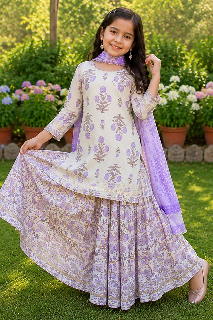 Purple Cotton Floral Printed Skirt Set For Girls by House Of Jamoti Kids at Pernia's Pop Up Shop