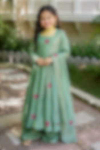Sage Green Tissue Floral Motif Anarkali Set For Girls by House Of Jamoti Kids at Pernia's Pop Up Shop