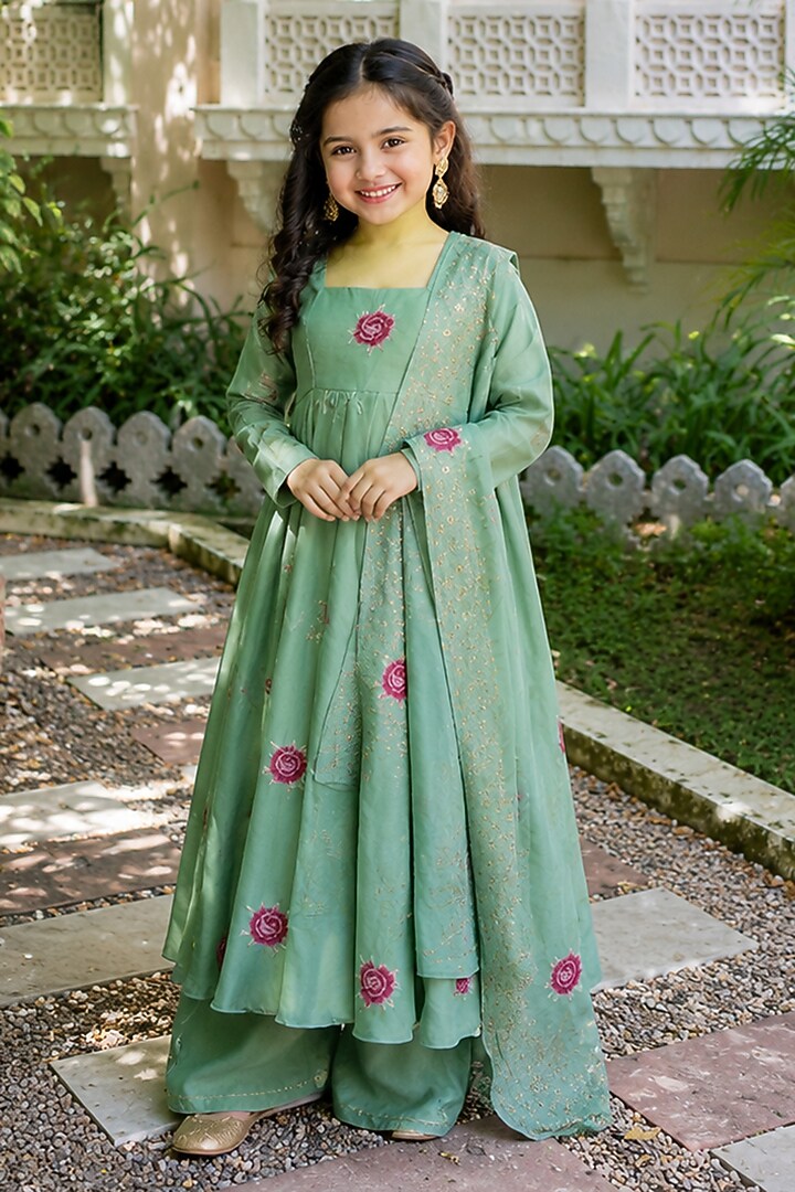 Sage Green Tissue Floral Motif Anarkali Set For Girls by House Of Jamoti Kids at Pernia's Pop Up Shop