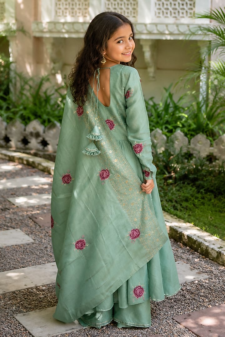 Sage Green Tissue Floral Motif Anarkali Set For Girls by House Of Jamoti Kids at Pernia's Pop Up Shop
