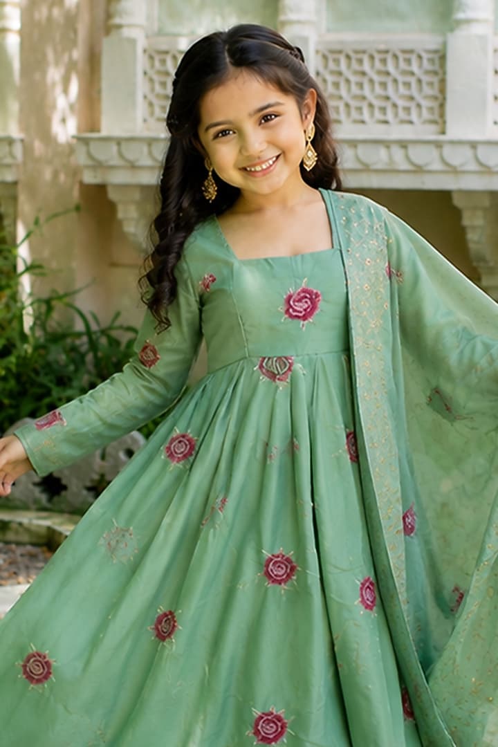 Sage Green Tissue Floral Motif Anarkali Set For Girls by House Of Jamoti Kids at Pernia's Pop Up Shop