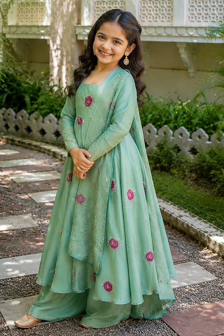 Sage Green Tissue Floral Motif Anarkali Set For Girls by House Of Jamoti Kids at Pernia's Pop Up Shop