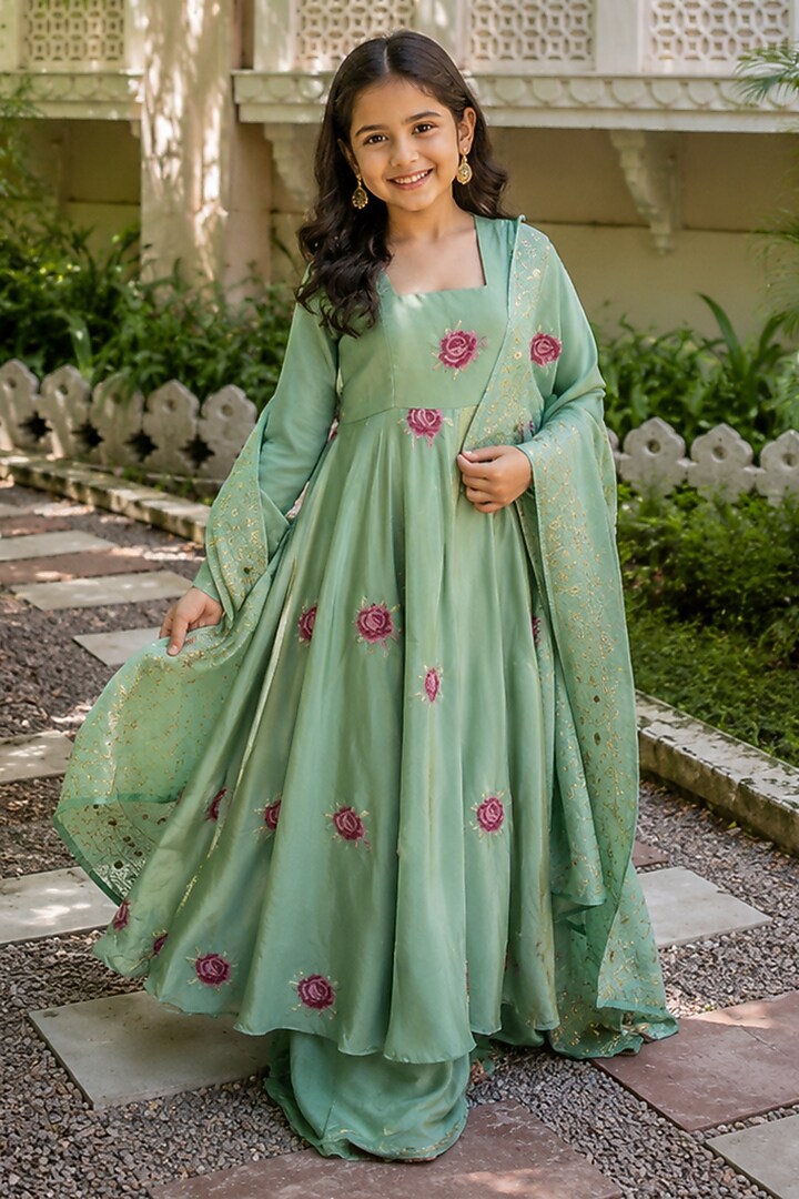 Sage Green Tissue Floral Motif Anarkali Set For Girls by House Of Jamoti Kids at Pernia's Pop Up Shop
