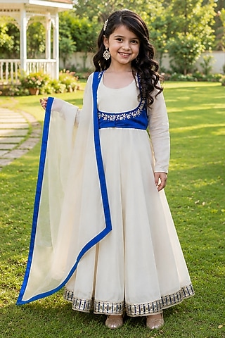 Ivory Tissue Embroidered Anarkali Set For Girls by House Of Jamoti Kids
