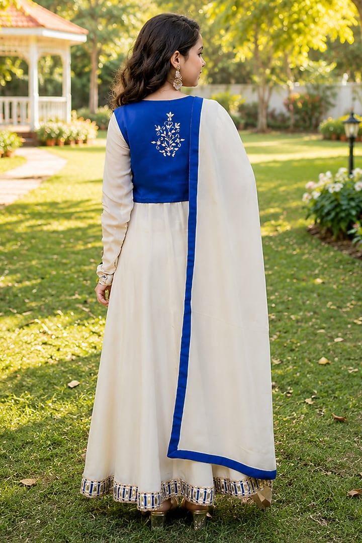 Ivory Tissue Embroidered Anarkali Set For Girls by House Of Jamoti Kids at Pernia's Pop Up Shop
