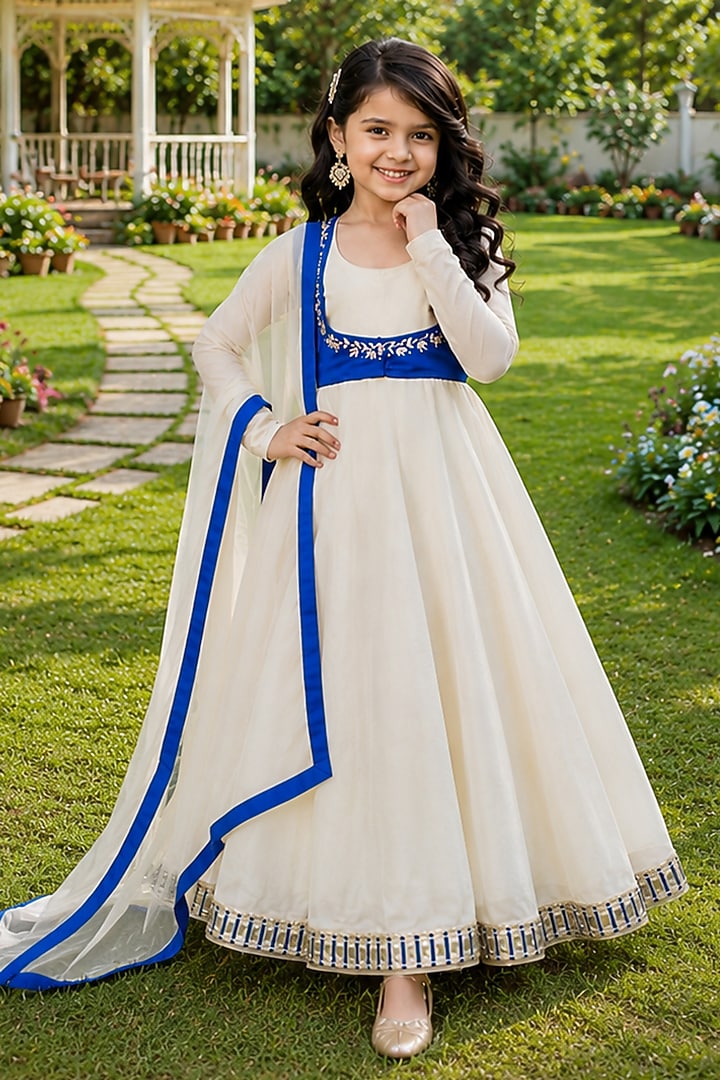 Ivory Tissue Embroidered Anarkali Set For Girls by House Of Jamoti Kids at Pernia's Pop Up Shop