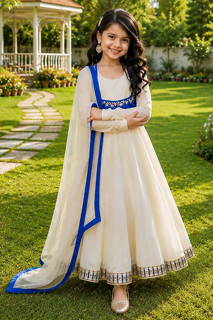 Ivory Tissue Embroidered Anarkali Set For Girls by House Of Jamoti Kids at Pernia's Pop Up Shop