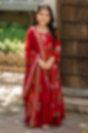 Crimson Red Cotton Floral Printed Anarkali Set For Girls by House Of Jamoti Kids at Pernia's Pop Up Shop