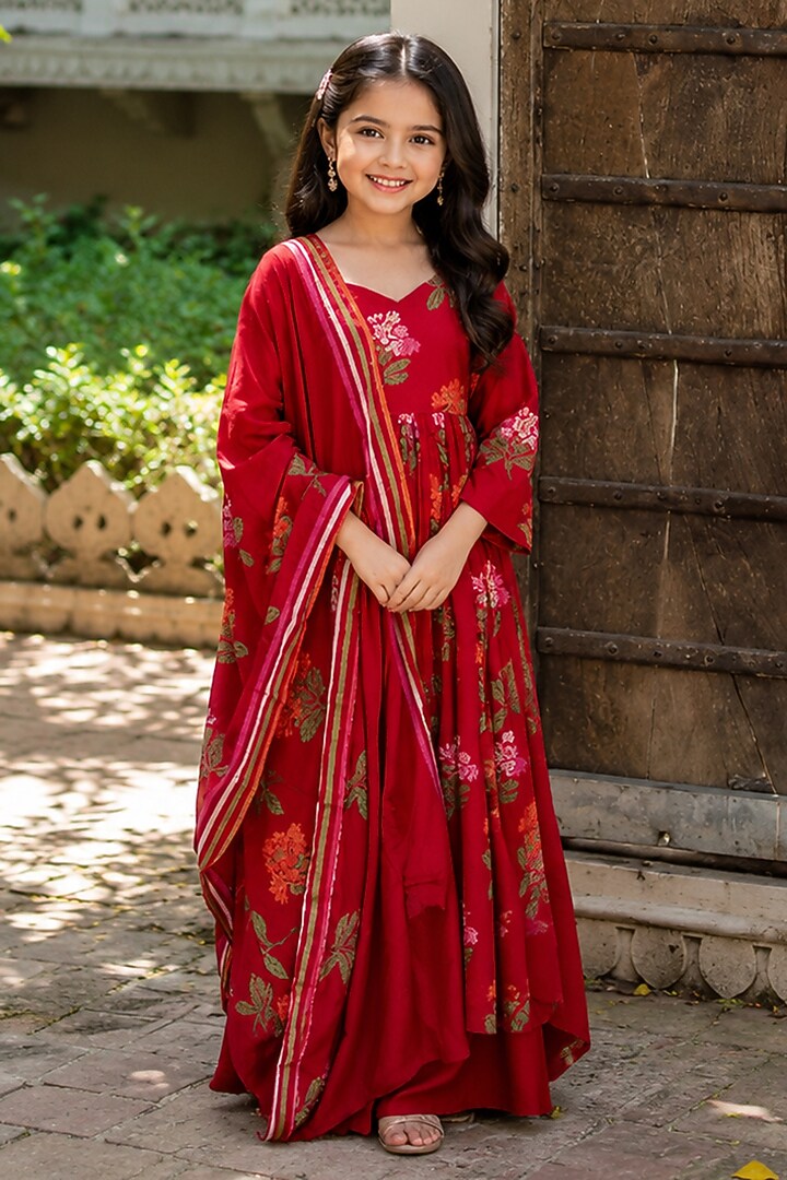 Crimson Red Cotton Floral Printed Anarkali Set For Girls by House Of Jamoti Kids at Pernia's Pop Up Shop
