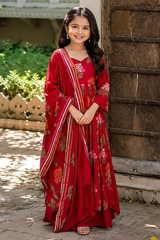 Crimson Red Cotton Floral Printed Anarkali Set For Girls by House Of Jamoti Kids