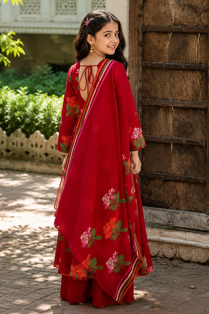 Crimson Red Cotton Floral Printed Anarkali Set For Girls by House Of Jamoti Kids at Pernia's Pop Up Shop