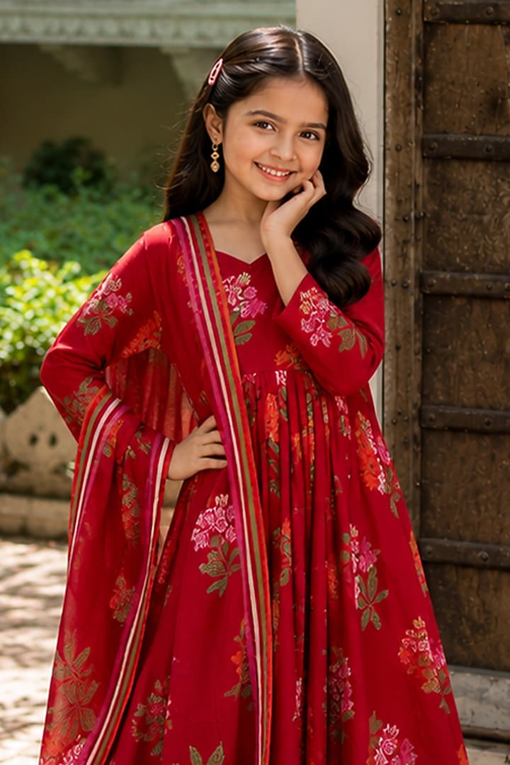 Crimson Red Cotton Floral Printed Anarkali Set For Girls by House Of Jamoti Kids at Pernia's Pop Up Shop