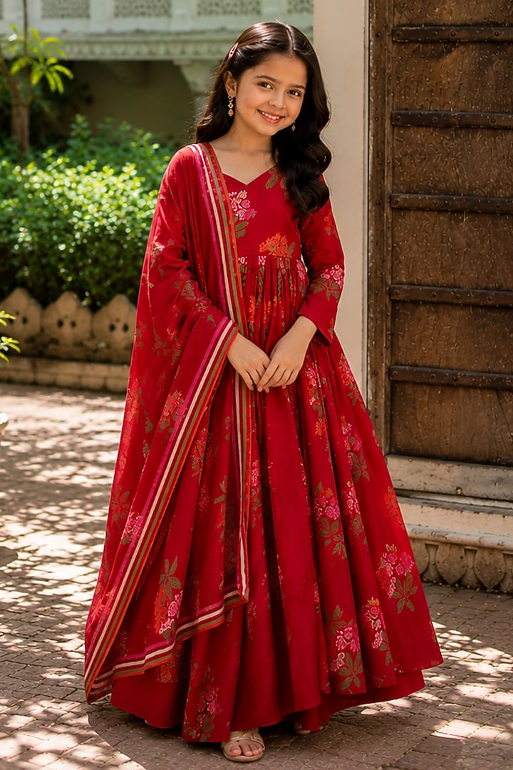 Crimson Red Cotton Floral Printed Anarkali Set For Girls by House Of Jamoti Kids at Pernia's Pop Up Shop