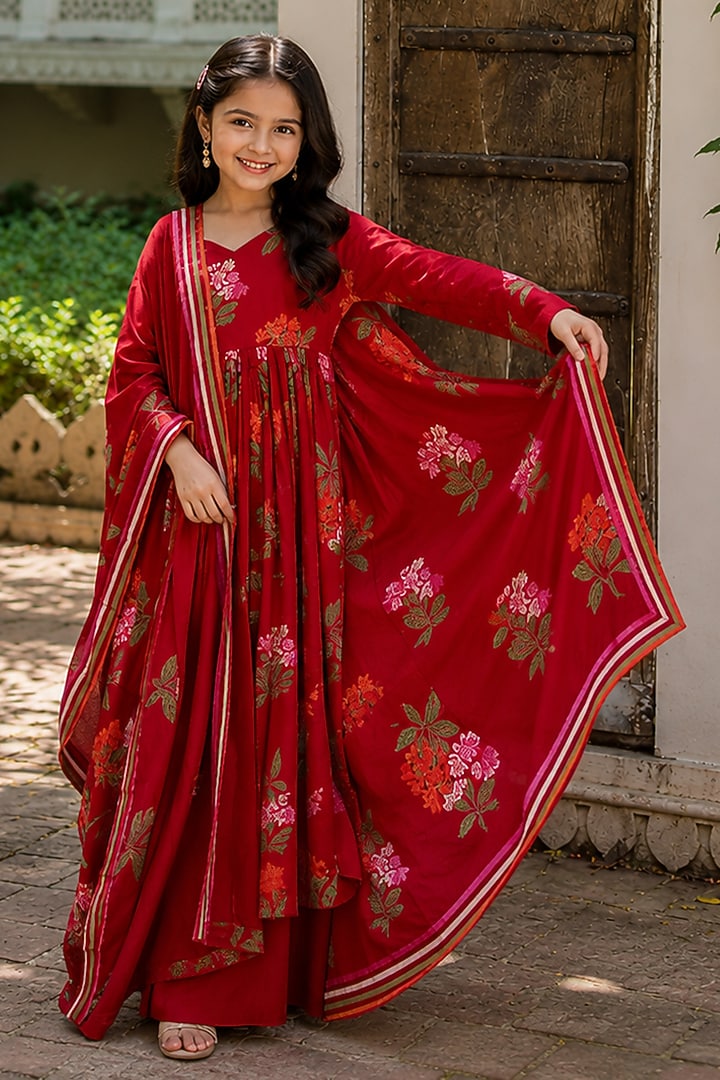 Crimson Red Cotton Floral Printed Anarkali Set For Girls by House Of Jamoti Kids at Pernia's Pop Up Shop