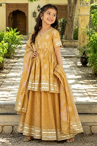 Yellow Cotton Printed Sharara Set For Girls by House Of Jamoti Kids