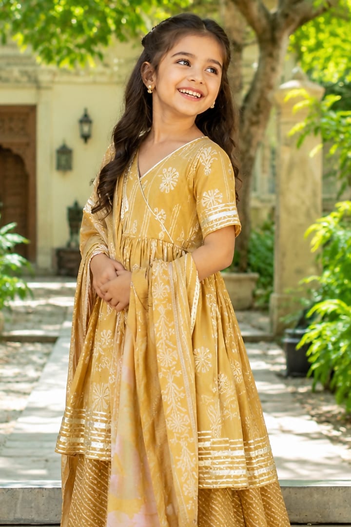 Yellow Cotton Printed Sharara Set For Girls by House Of Jamoti Kids at Pernia's Pop Up Shop